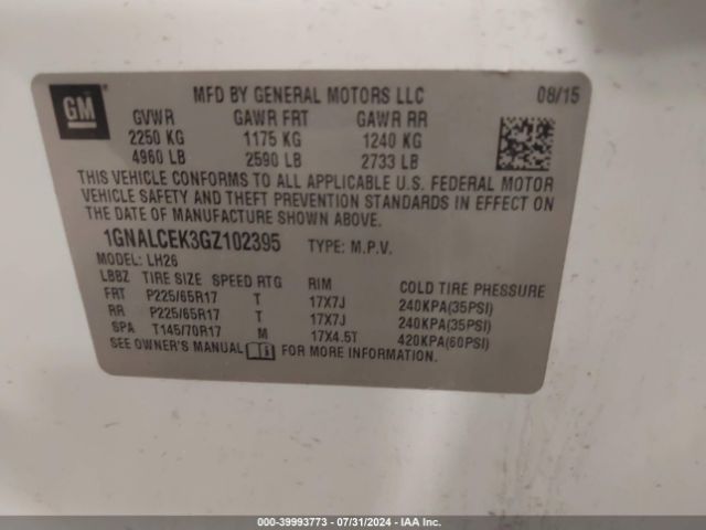 1GNALCEK3GZ102395 Chevrolet EQUINOX LT