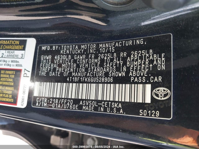 Toyota CAMRY SE 2016 4T1BF1FK6GU528906 Image 9