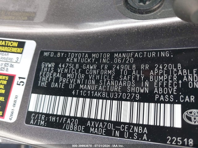 Toyota CAMRY LE 2020 4T1C11AK8LU370279 Image 9