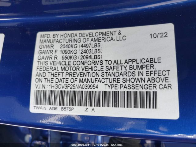 1HGCV3F25NA039954 Honda Accord Hybrid Sport