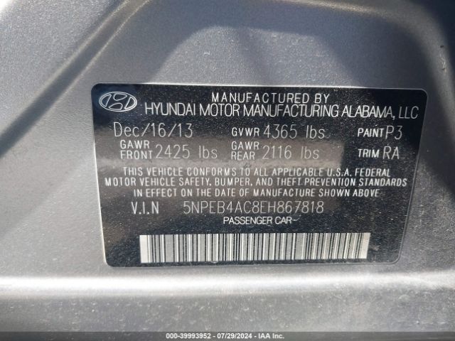 5NPEB4AC8EH867818 Hyundai SONATA GLS