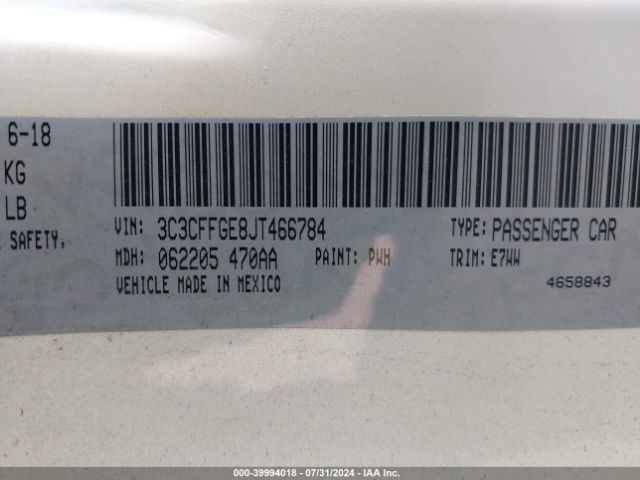 3C3CFFGE8JT466784 Fiat 500E BATTERY ELECTRIC