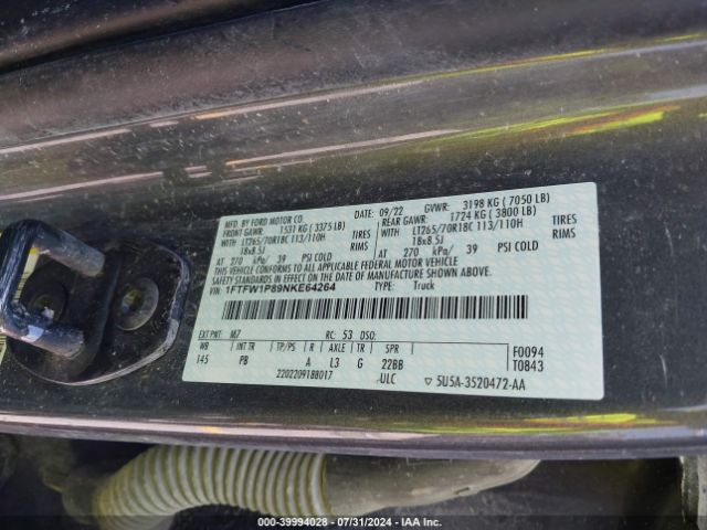 1FTFW1P89NKE64264 Ford F-150 Police Responder Xl