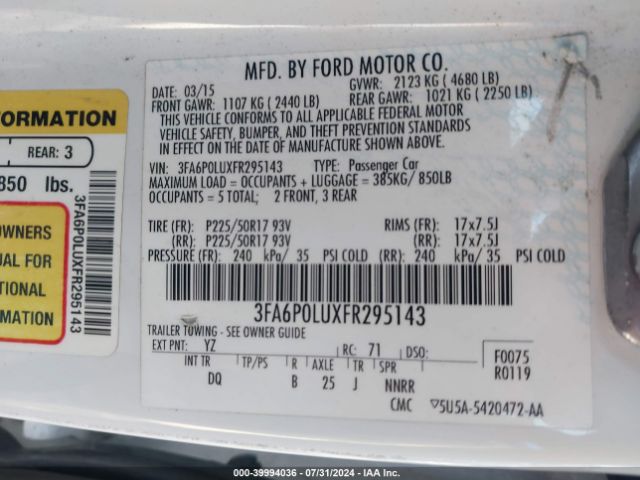 3FA6P0LUXFR295143 Ford Fusion Hybrid Se