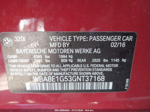 WBA8E1G53GNT37168 BMW 320i