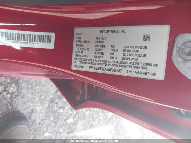 2022 TESLA MODEL 3 5YJ3E1EA9NF185387 Photo 8