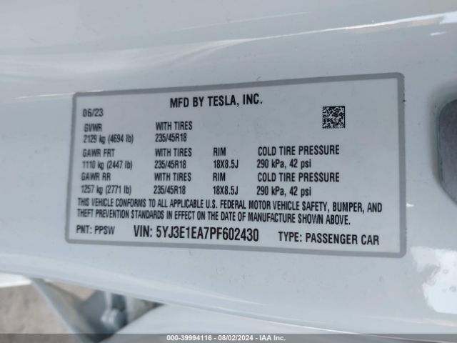 5YJ3E1EA7PF602430 Tesla Model 3 Rear-wheel Drive