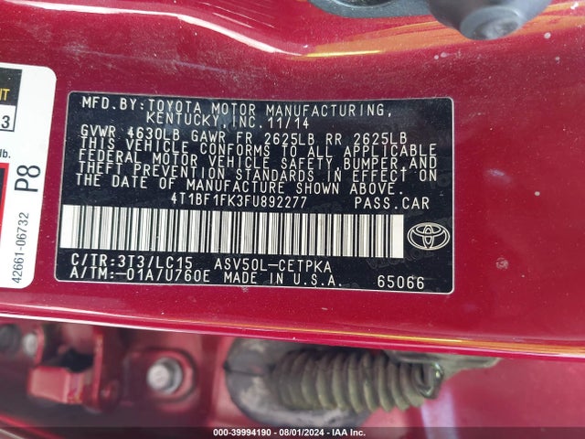 Toyota CAMRY XSE 2015 4T1BF1FK3FU892277 Image 9