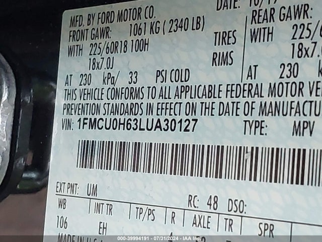 Ford ESCAPE SEL 2020 1FMCU0H63LUA30127 Image 9