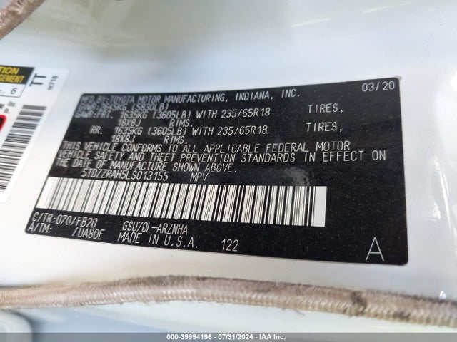 Toyota Highlander Le 2020 5TDZZRAH5LS013155 Image 9