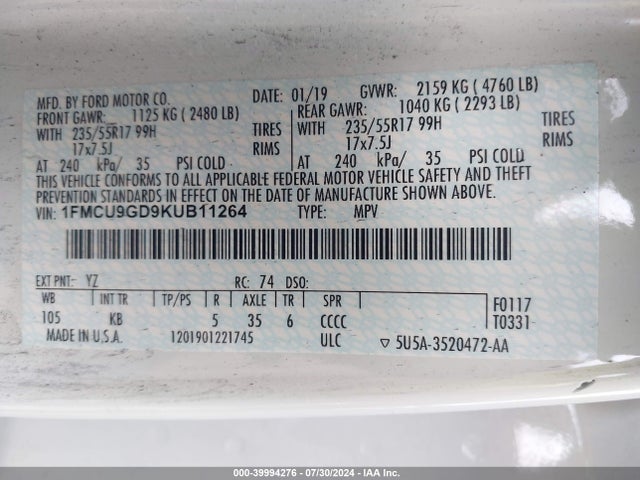 Ford ESCAPE SE 2019 1FMCU9GD9KUB11264 Image 9