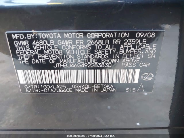 39994290 :رقم المزاد ، JTHBJ46G492283830 vin ، 2009 Lexus Es 350 مزاد بيع