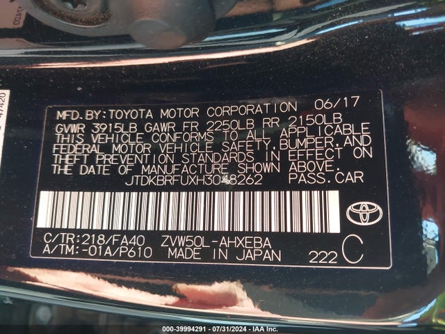 Toyota Prius Two 2017 JTDKBRFUXH3048262 Image 9