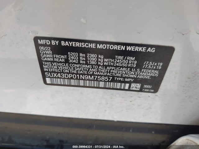 5UX43DP01N9M75857 BMW X3 Sdrive30i