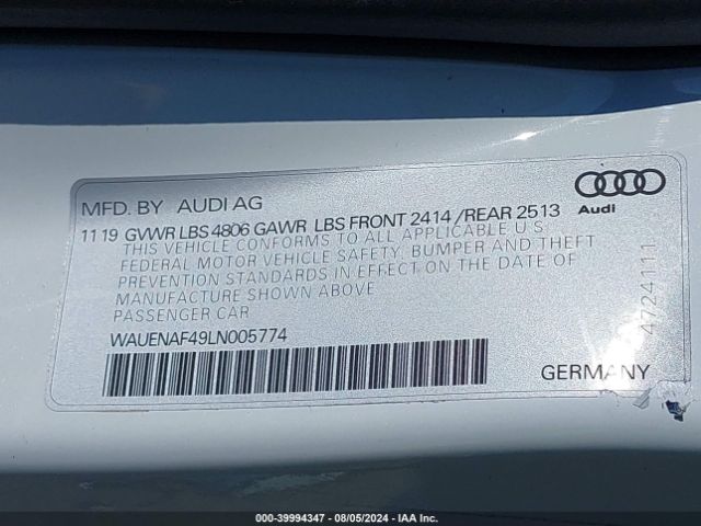 WAUENAF49LN005774 Audi A4 Premium Plus 45 Tfsi Quattro S Tronic