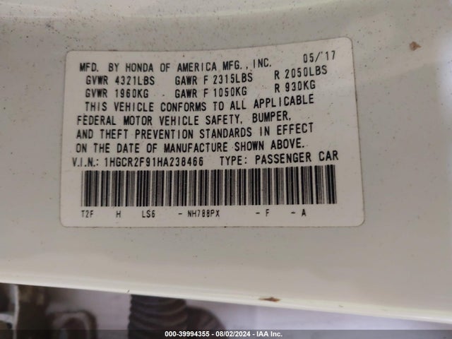 1HGCR2F91HA238466 Honda Accord Ex-l