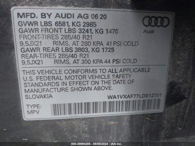 WA1VXAF77LD012701 Audi Q7 Prestige 55 Tfsi Quattro Tiptronic