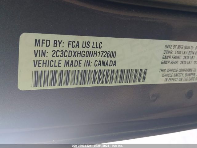 2C3CDXHG0NH172600 Dodge Charger Gt Rwd