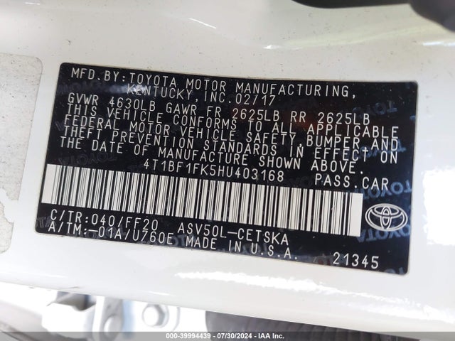 Toyota CAMRY SE 2017 4T1BF1FK5HU403168 Image 9