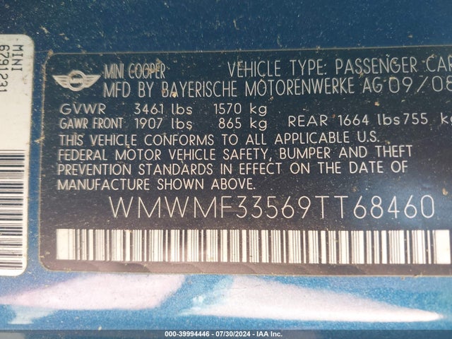 2009 MINI COOPER WMWMF33569TT68460 Photo 8
