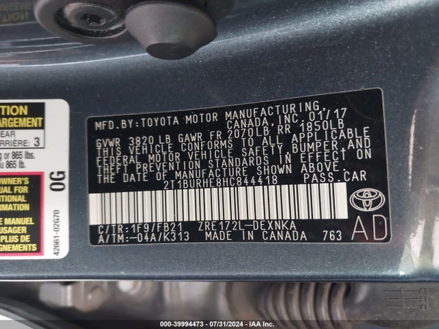 Toyota COROLLA LE 2017 2T1BURHE8HC844418 Image 9