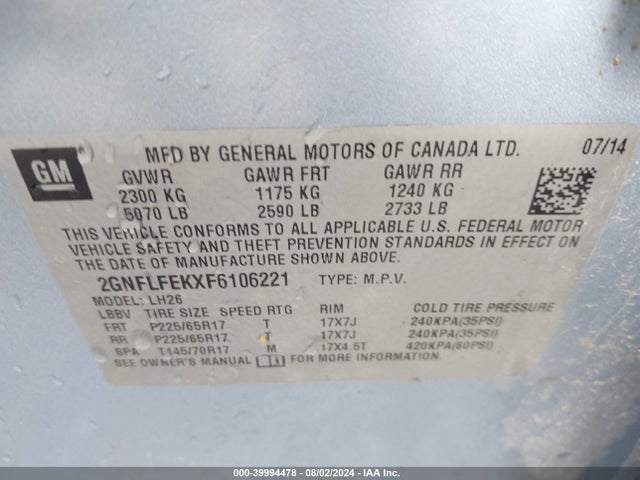 Chevrolet EQUINOX 1LT 2015 2GNFLFEKXF6106221 Image 9