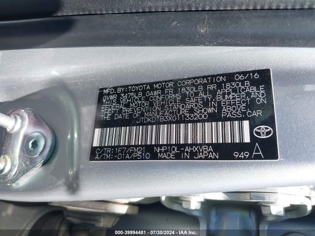 Toyota Prius C Two 2016 JTDKDTB3XG1133200 Image 9