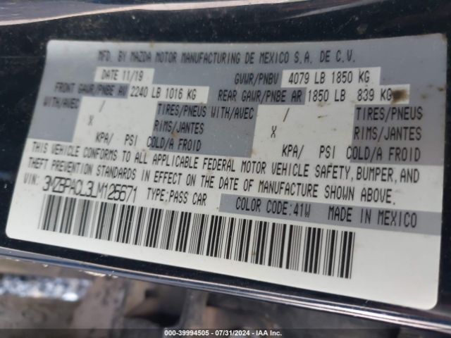 3MZBPACL3LM125671 Mazda Mazda3 Select Package