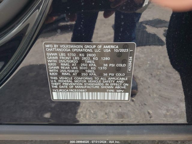 1V2JR2CA1RC533687 Volkswagen Atlas 2.0t Se W/technology
