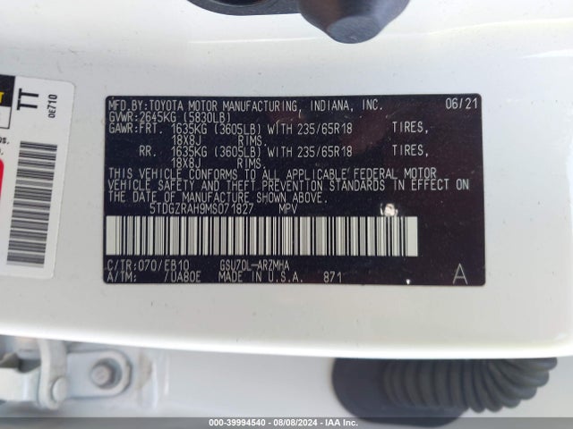 Toyota Highlander Xle 2021 5TDGZRAH9MS071827 Image 9