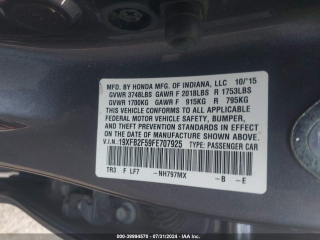 Honda Civic Lx 2015 19XFB2F59FE707925 Image 9