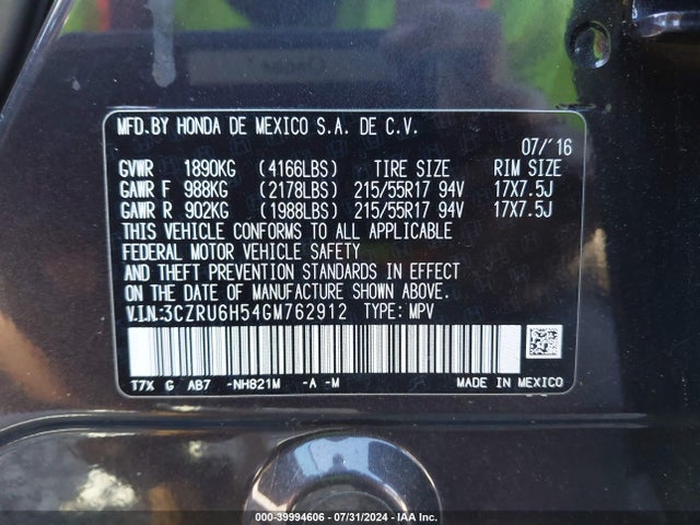 Honda HR-V EX 2016 3CZRU6H54GM762912 Image 9