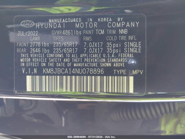KM8JBCA14NU078896 Hyundai Tucson Hybrid Blue