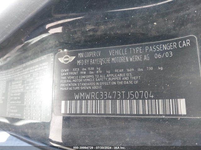 2003 MINI COOPER WMWRC33473TJ50704 Photo 8