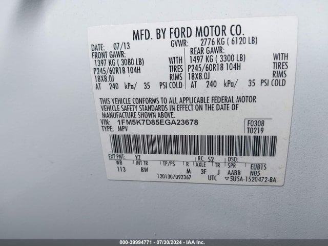 Ford EXPLORER XLT 2014 1FM5K7D85EGA23678 Image 9