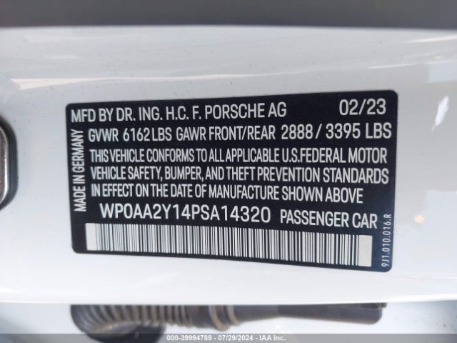 WP0AA2Y14PSA14320 Porsche Taycan