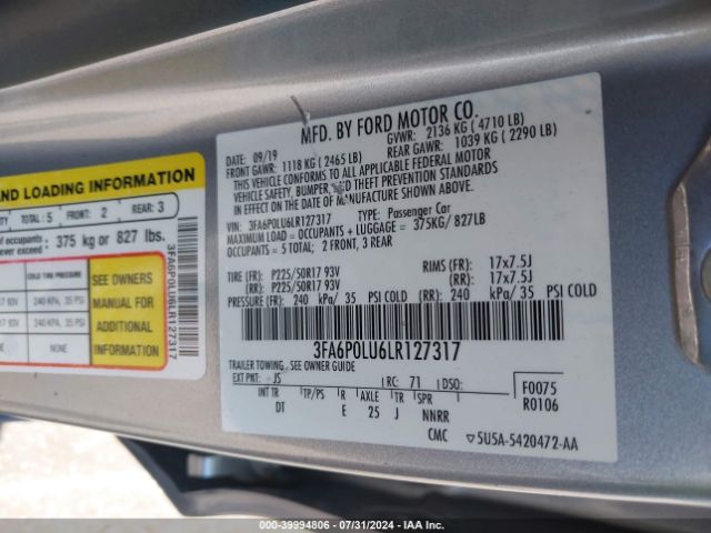 3FA6P0LU6LR127317 Ford Fusion Hybrid Se