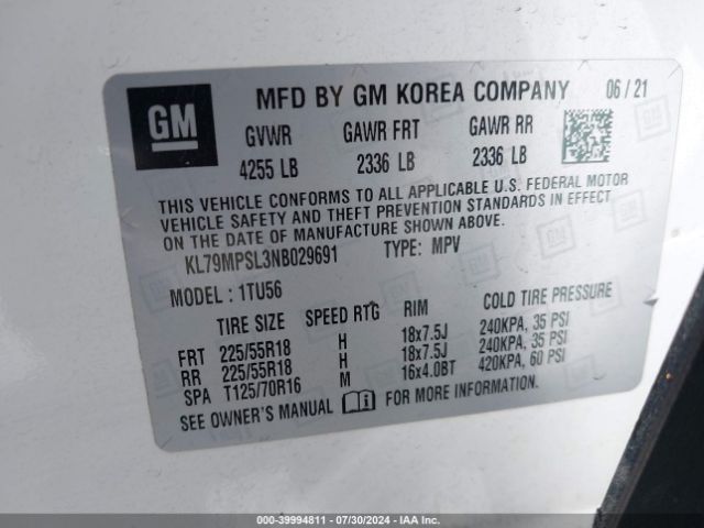 KL79MPSL3NB029691 Chevrolet Trailblazer Fwd Lt