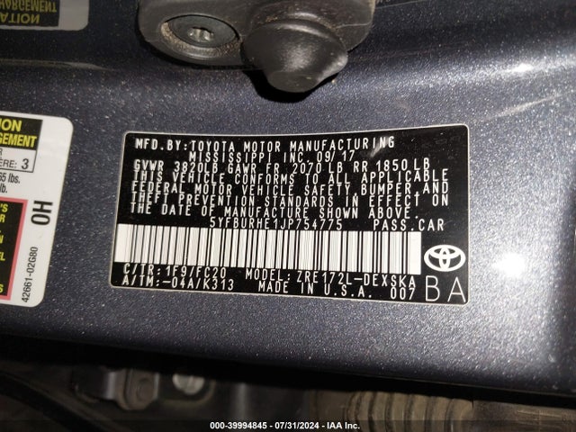 Toyota COROLLA SE 2018 5YFBURHE1JP754775 Image 9