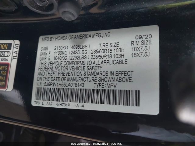 5J6RW1H55LA018143 Honda Cr-v 2wd Ex