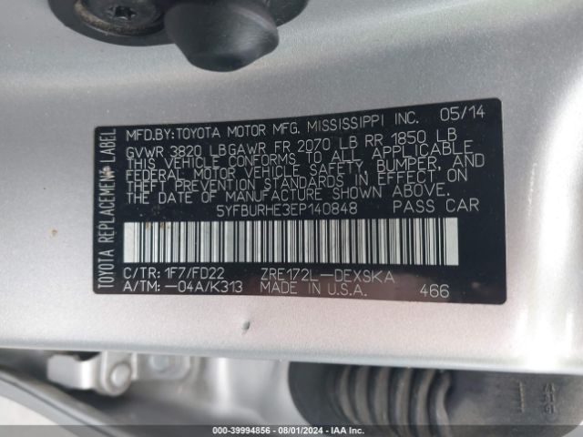 5YFBURHE3EP140848 Toyota Corolla S Plus