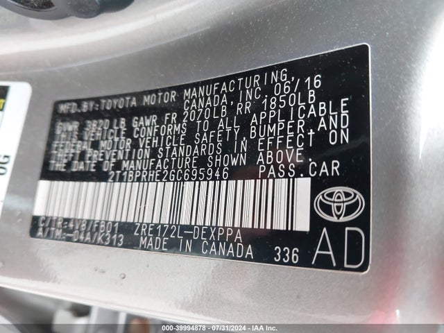 Toyota Corolla Le Plus 2016 2T1BPRHE2GC695946 Image 9
