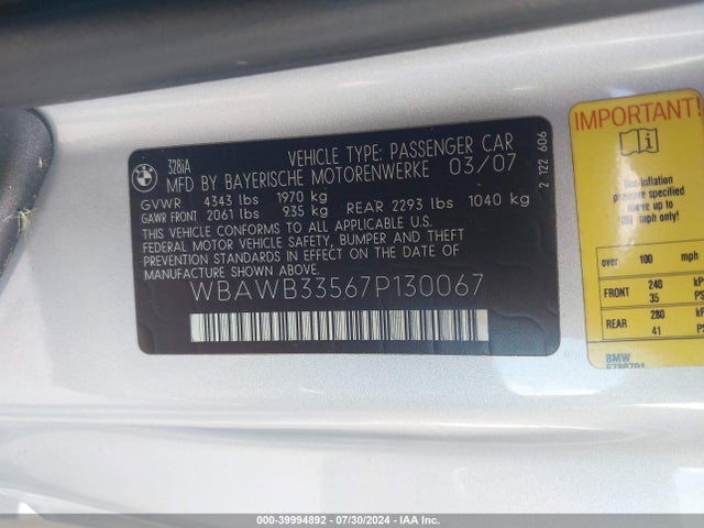 Продаж на аукціоні авто 2007 Bmw 328i, vin: WBAWB33567P130067, номер лоту: 39994892