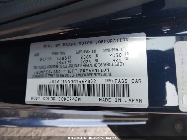 Aukcja sprzedaży 2016 Mazda Mazda6 I Touring, vin: JM1GJ1V50G1482852, numer aukcji: 39994902