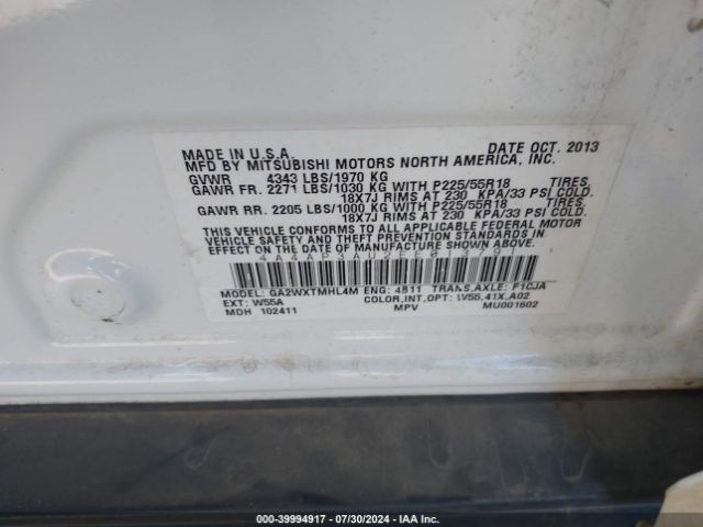 4A4AP3AU2EE013791 Mitsubishi Outlander Sport Es