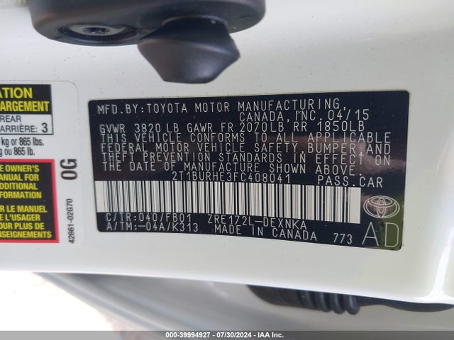 Toyota Corolla Le Plus 2015 2T1BURHE3FC408041 Image 9