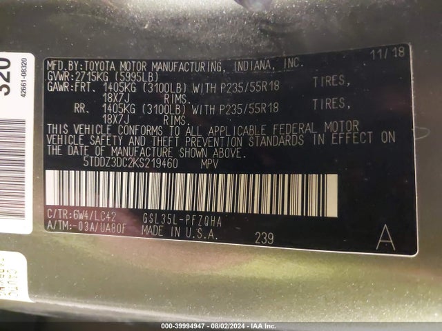 Toyota SIENNA XLE 2019 5TDDZ3DC2KS219460 Image 9