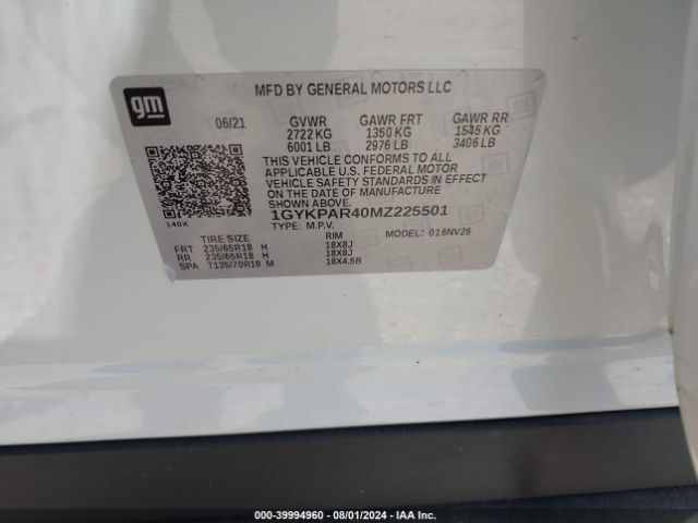 1GYKPAR40MZ225501 Cadillac Xt6 Fwd Luxury
