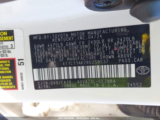 Toyota CAMRY LE 2024 4T1C11AK7RU259537 Image 9