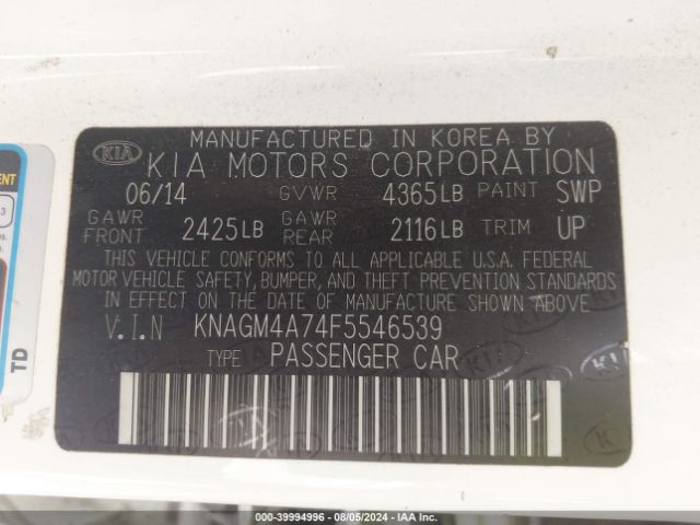 KNAGM4A74F5546539 KIA Optima Lx